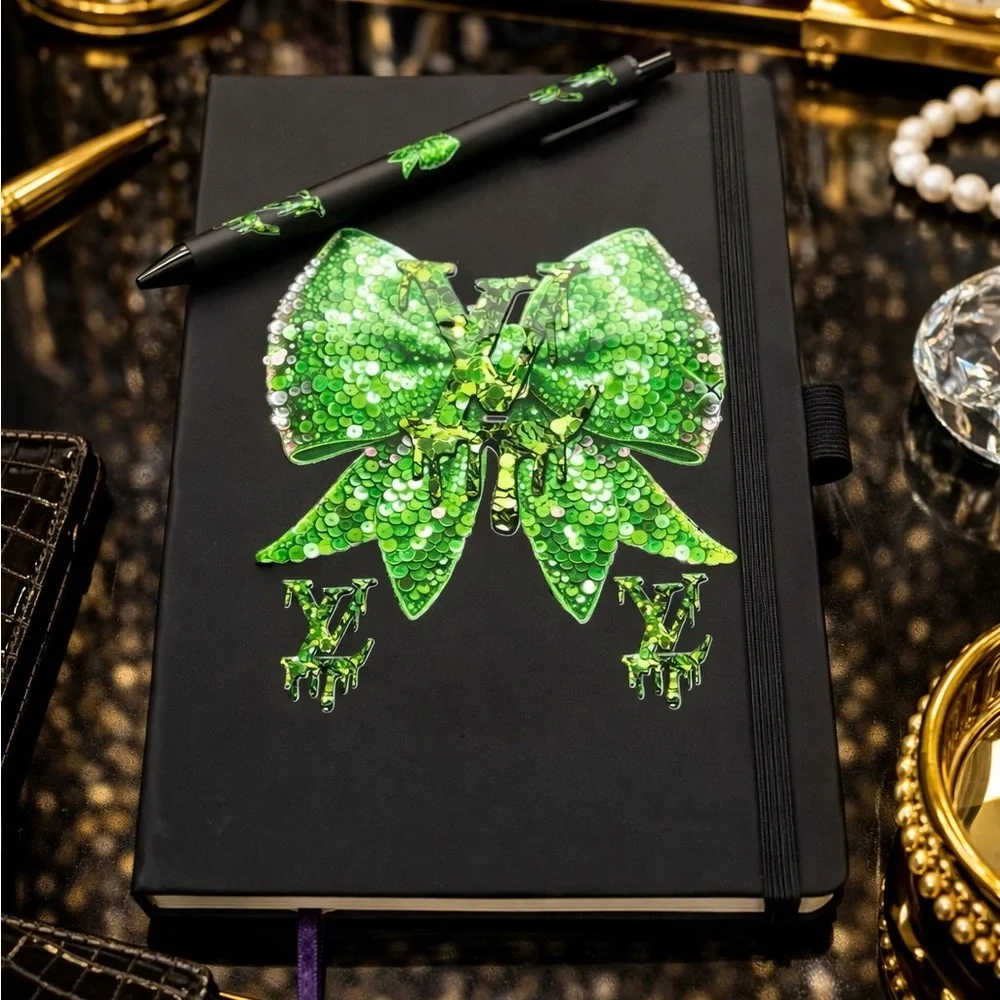 Black Notebook with Green Sequin Bow and Pen